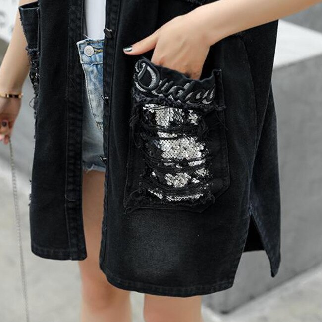 #3119 Black Long Denim Vest Women With Sequins Harajuku Streetwaer Woman Vest Waistcoat Vintage Sleeveless Jacket Big Pockets