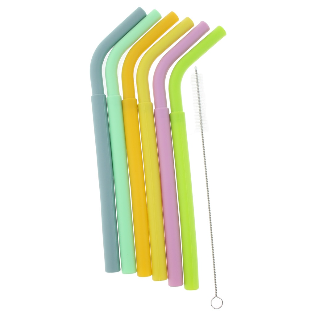 6x BPA Free Silicone Flexible Reusable Straight Bendy Drinking Straws + Cleaning Brush Set