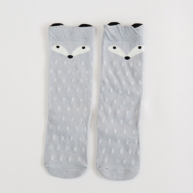 Dejlige bomulds baby sokker dyremotiver knæhøje børn dreng piger sokker anti slip tegneserie kat nyfødte pige benopvarmere: Stil 2 grå ræv