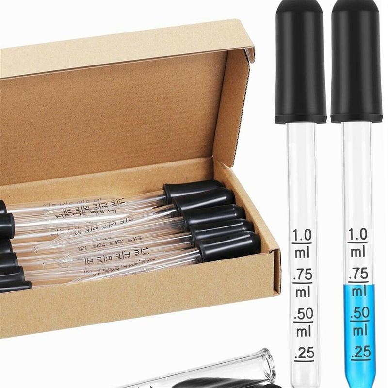 10Pcs Glass Droppers Rubber Head Scale Pipette Dropper for School Home (1ml, Straight Head, Scale, Plastic Tube Packaging)