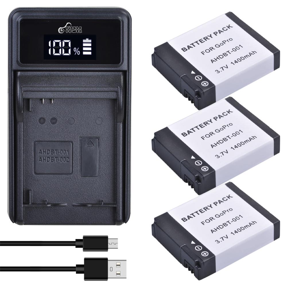 Batería de AHDBT-001/cargador para GoPro HD Hero 1, 2, Hero1, Hero2, motodeportes, Surf, al aire libre, edición 960, 1080p: 3 Battery 1 Charger