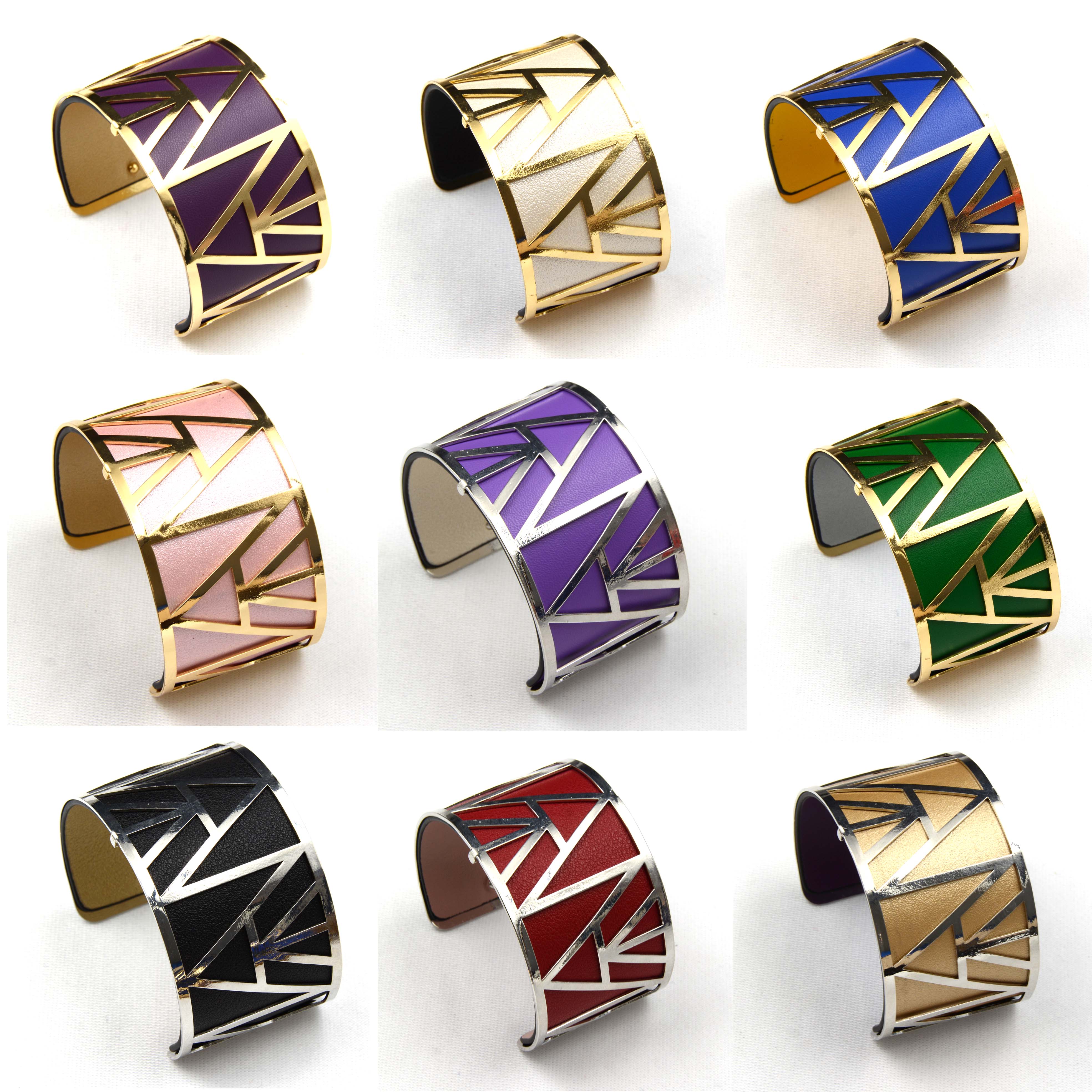 Pulsera de cuero con geométrico para mujer, brazalete de piel con de pirámide de Egipto de 40mm, con colores reversibles, de Francia