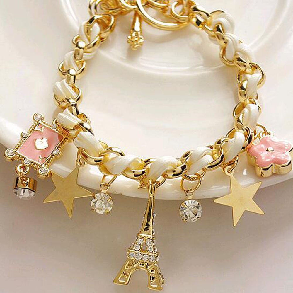 Vienkim Jewelry Multielement Gold Chain Leather Rope Crystal Handmade Bracelet Eiffel Tower Star Pendant