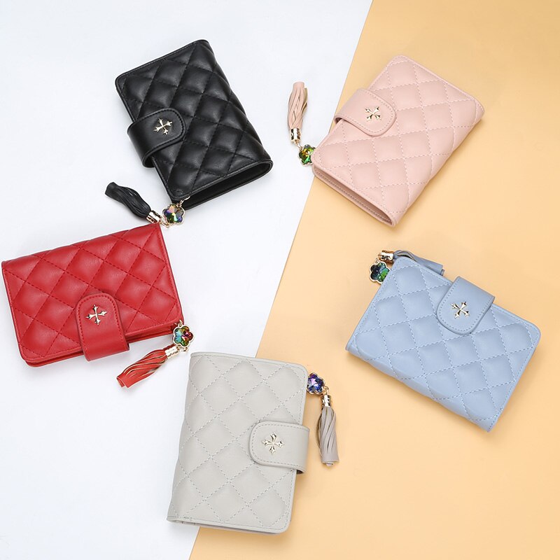 Grid Women Mini Purse Gold Leather Women Wallets Zipper Clutch Red Coin Bag Card Holder Ladies Girls Casual Short Wallet
