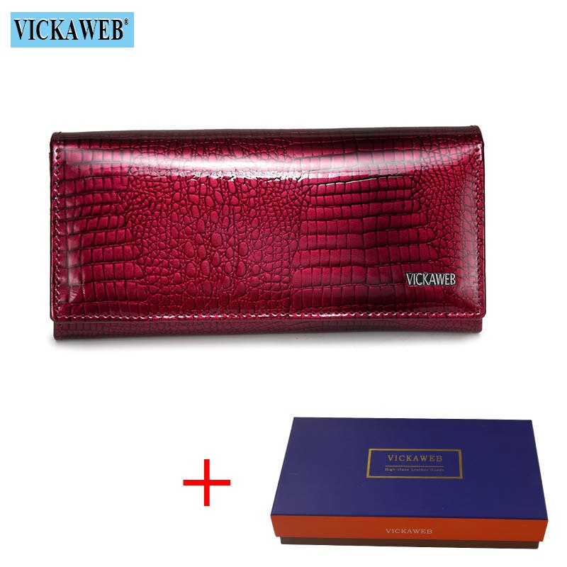 VICKAWEB Long Wallet Women Genuine Leather Alligator Womens Wallets And Purses Lady Hasp & Zipper Standar Wallet Female: Jujube Red and Box