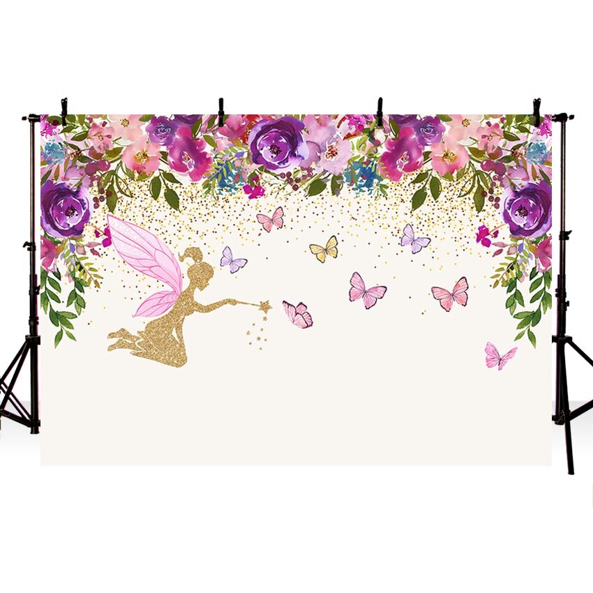 Fotografie Achtergrond Roze Paarse Bloemen Custom Fairy Vlinder Meisjes Verjaardagsfeestje Achtergronden Banner Photo Studio Foto Prop