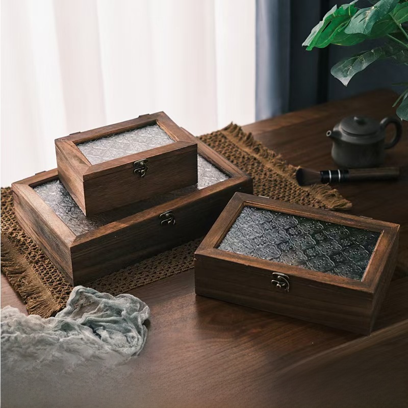 Retro trä dammtät förvaringslåda med fliplock i glas skrivbord smyckeskrin fukttät oxidationssäker verktygslåda för hemmabruk