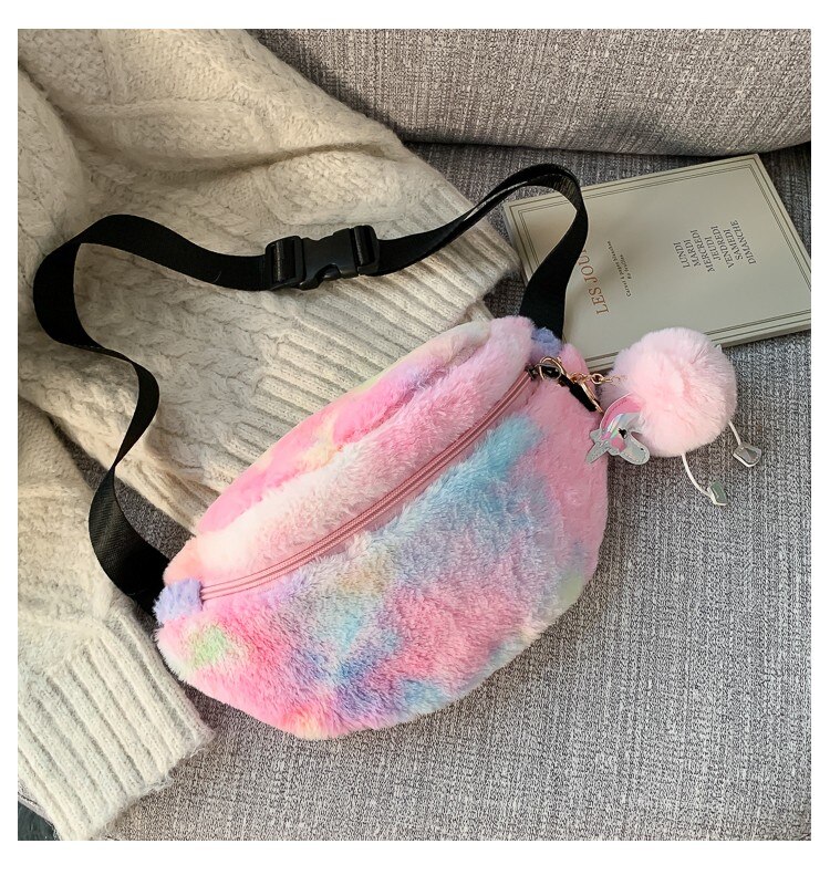 Inverno de veludo feminino fanny pack moda colorido de pelúcia pacote de cintura novo estilo saco de peito designer feminino bolsa crossbody: Pink belt bag