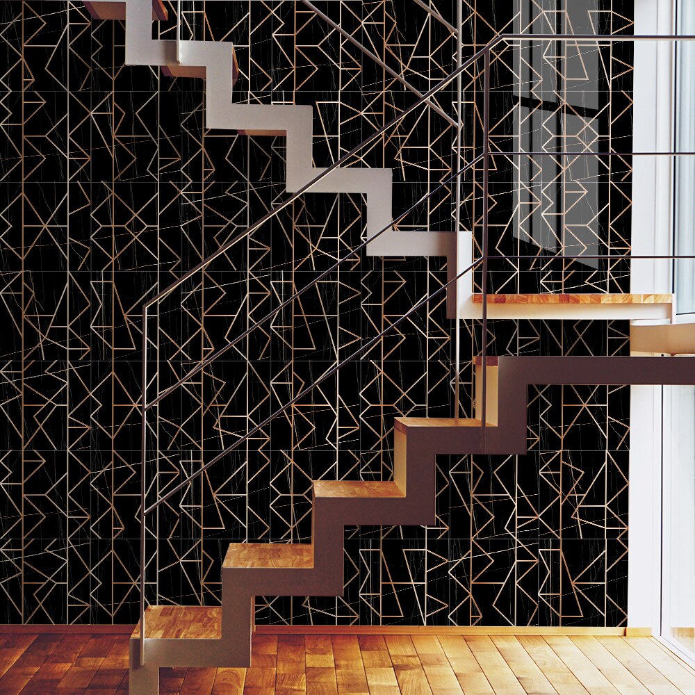 Artistic gold line black tile stickers Stair wall adhesive-free self-adhesive wallpaper Bathroom moisture-proof stickers