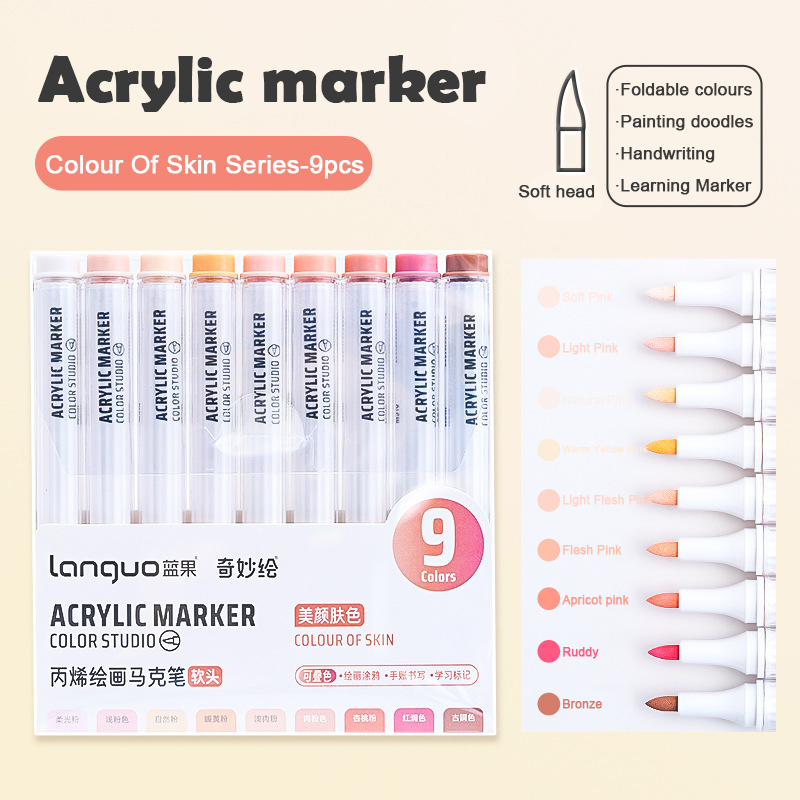 Languo-marcador de pintura acrílica de 9 colores, cabezal Flexible, colores brillantes para garabatos, dibujar, escribir a mano, suministros de arte, papelería: naranja