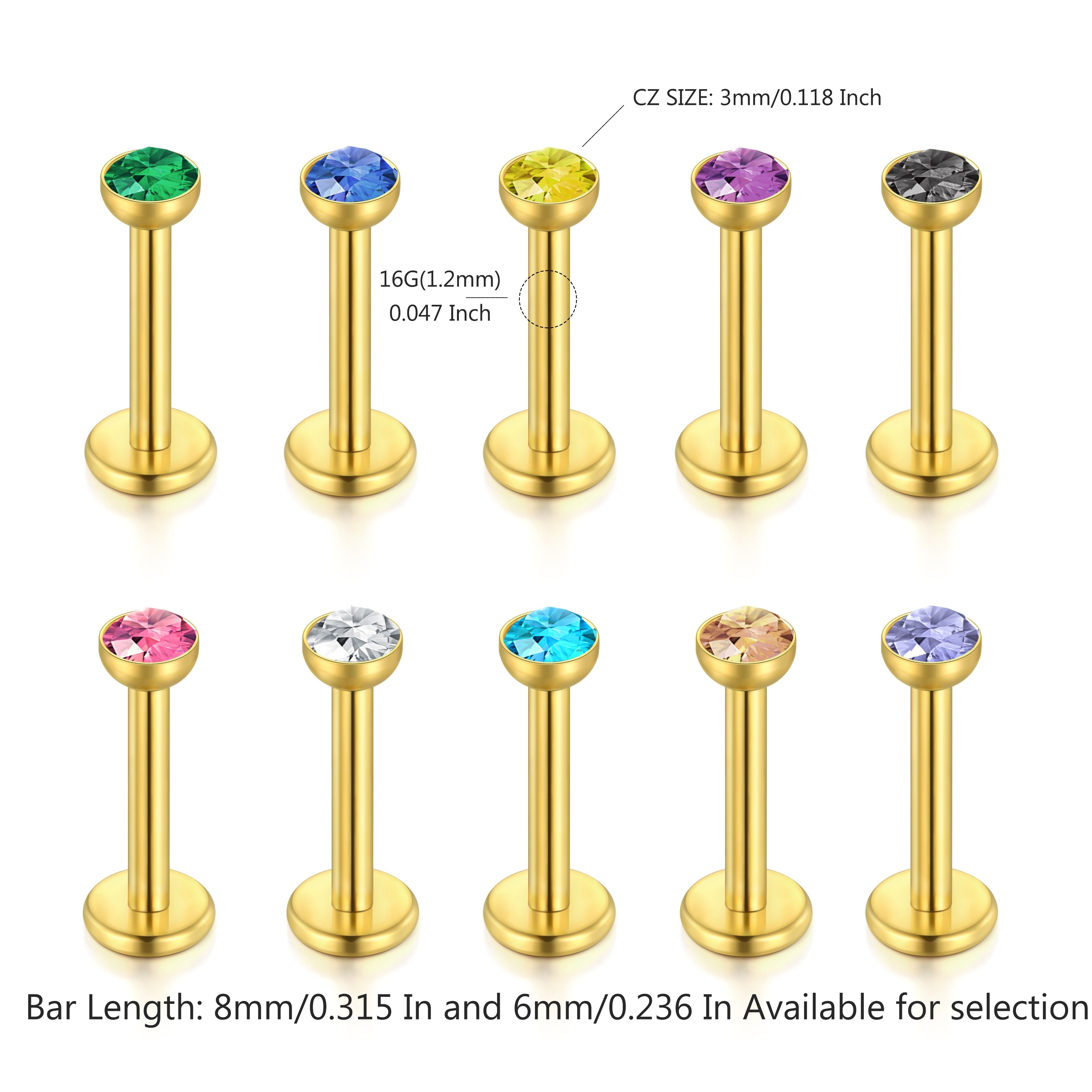 10 stks/partij 16G Rvs Lip Studs Tragus Oorbellen Helix Labret Lip Bar Ringen Stud Kraakbeen Monroe Piercings Sieraden 6/8mm