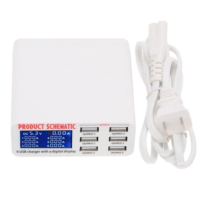 EU/US/UK Plug 6 Ports USB Charger Travel Charger LCD Digital Display Smart Charging Station Multi-Port USB Charging