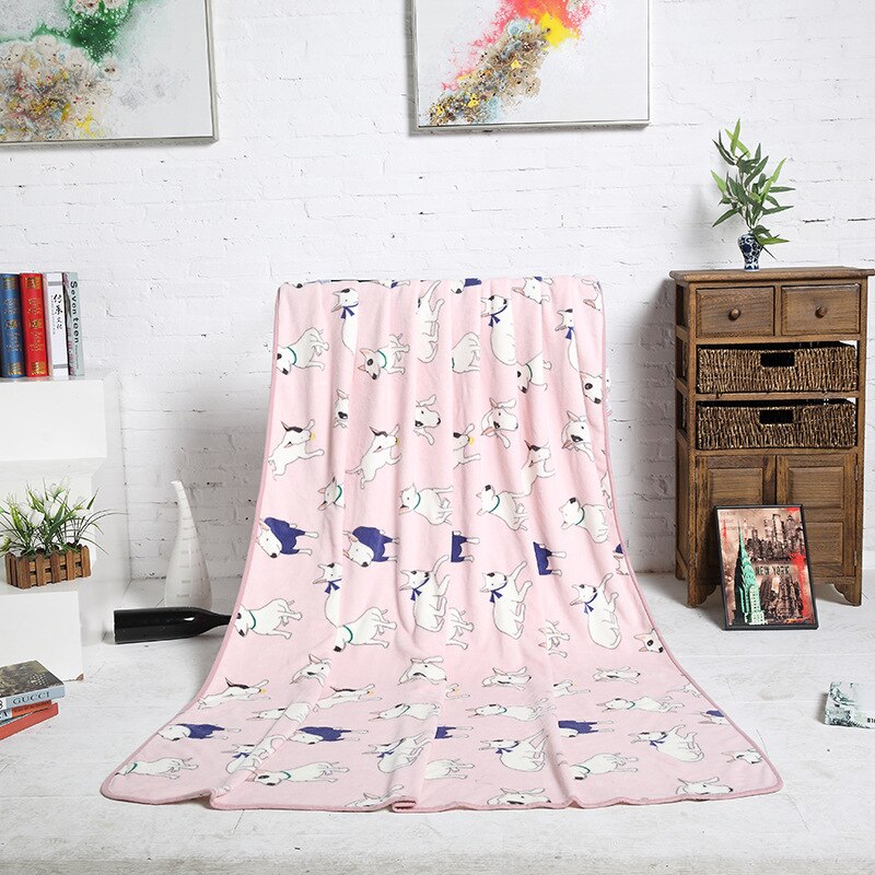 Blå rosa bull terrier tryckt flanell tyg baby barn säng täcke för soffa / resor / bil plädar 200 x 150cm