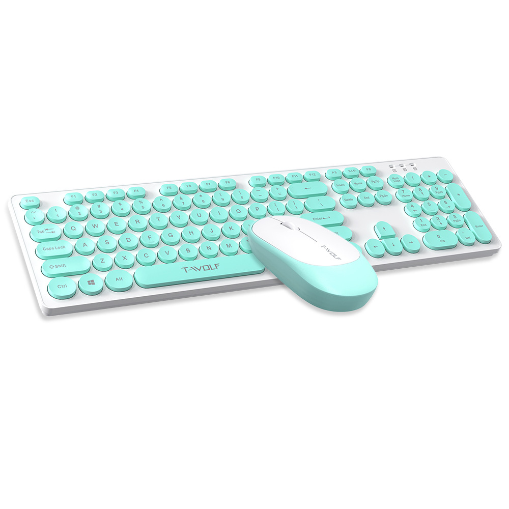 Thunder Wolf TF770 Wireless Keyboard and Mouse Set Punk Round Keycap Pink Girl Wireless Keyboard and Mouse for PC Laptop Office: Blue