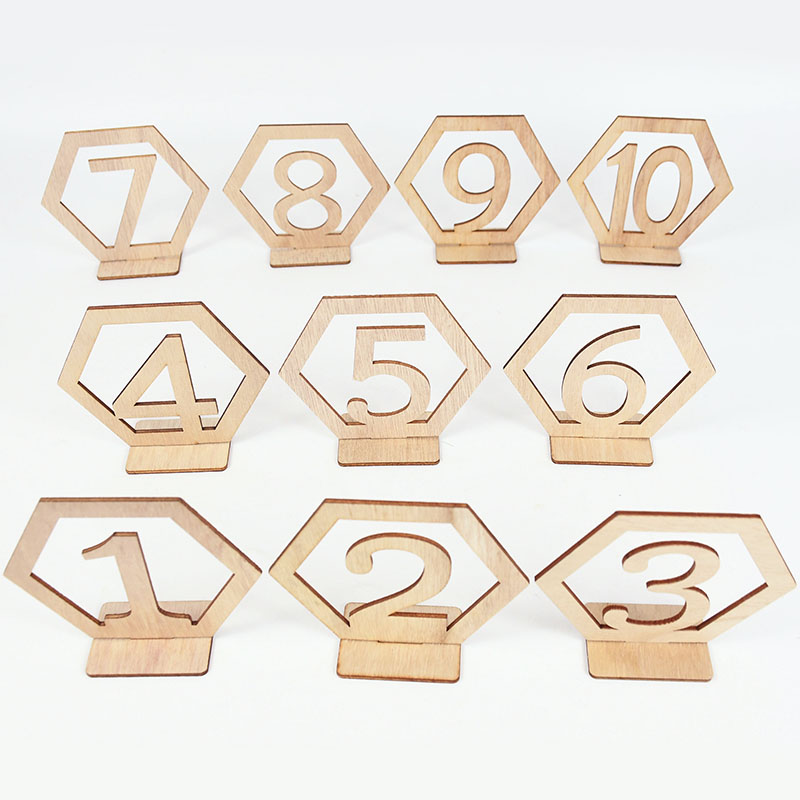 1-20 Nummer Houten Tafel Teken Hexagon Rustieke Bruiloft Plaats Kaart Desktop Decoratie Engagement Seat Nummer Borden Event Supplies