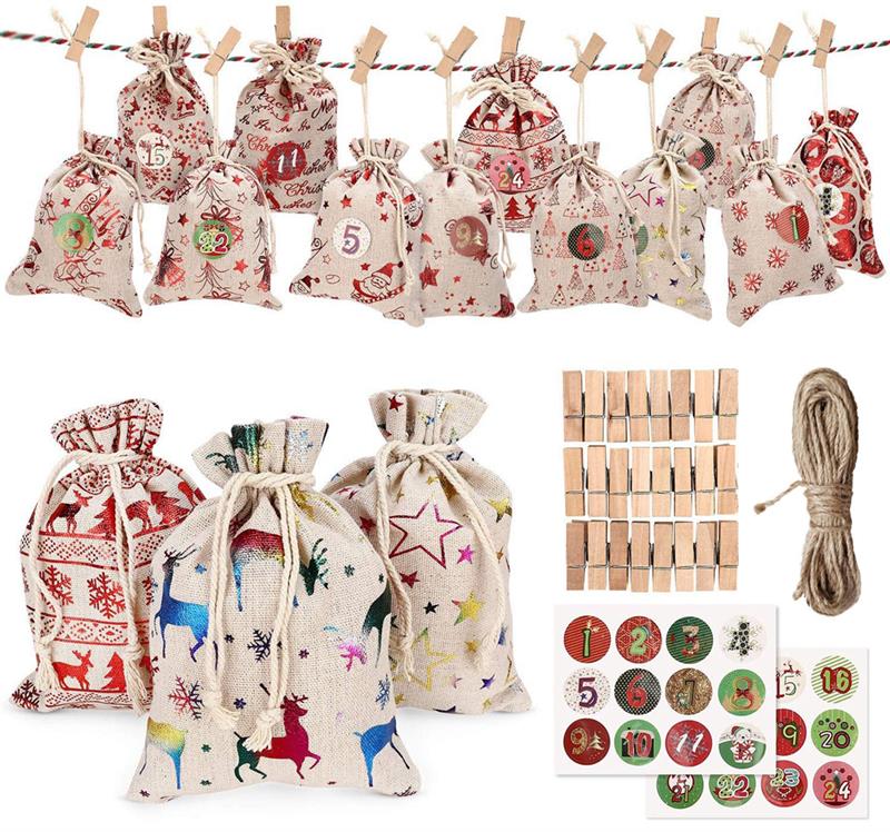 24 stk 1-24 numre taske jul diy adventskalender ornament juleposer kalender nedtællingspose slik opbevaringsposer: Default Title