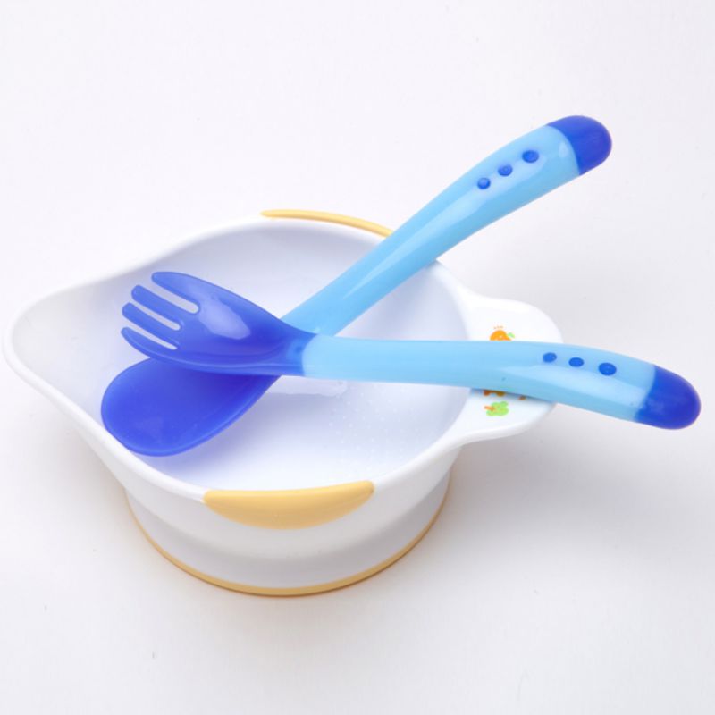 Conjunto de utensílios de mesa infantil, 2 pçs/set, sensor de calor, colher de alimentação térmica, bebê, crianças, estofado de silicone: blue