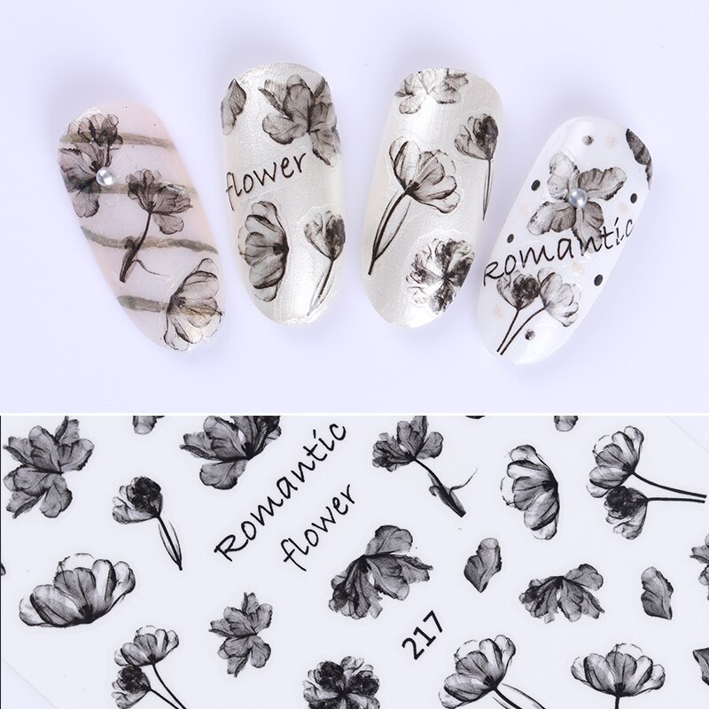 1Pcs Bloem Serie 3D Nail Art Stickers Voor Nagels Manicure Zwart Wit Kleur Decals Sliders Nail Zelfklevende Decoratie Diy tips