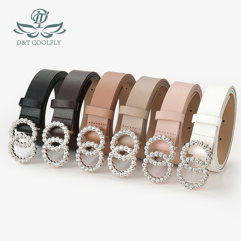 D &amp; T-Cinturón de para mujer, con dos círculos de diamante, hebilla decorativa, Material de cuero PU, cintura de estilo informal para mujer