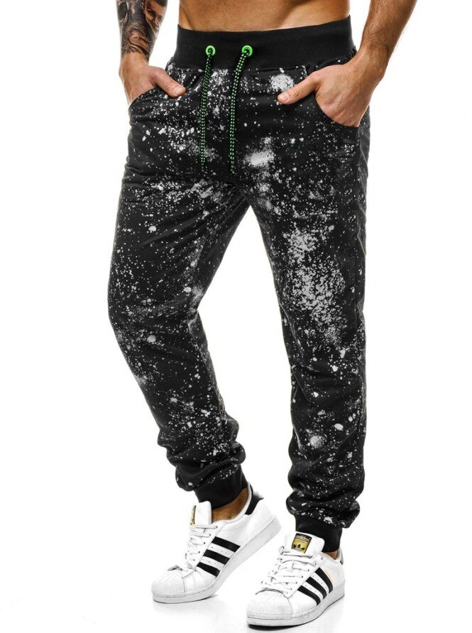 Heren casual sportbroeken europese en amerikaanse sterrenhemel print fitness straatbroeken enkelband broeken: Ik / Zwart