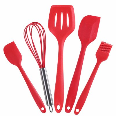 Kitchen Heat Resistant Cookware Silicone Non-stick Kitchenware Egg Beater BBQ Brush Food Tongs Soup Spoon Kitchen Utensils Set: 5pcs Red