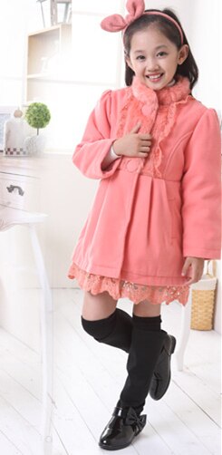 Elegante prinses winter wollen jas met opstaande kraag en bontkraag, warme winterjas voor meisjes, roze, rood ,120-160cm: Roze / 14