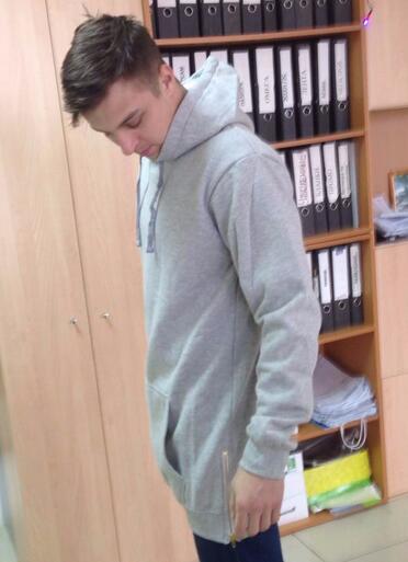 men's hip hop fleece sweatshirts with hoody side zip to hem long sweat shirt men longline hoodies for men: Gray / M