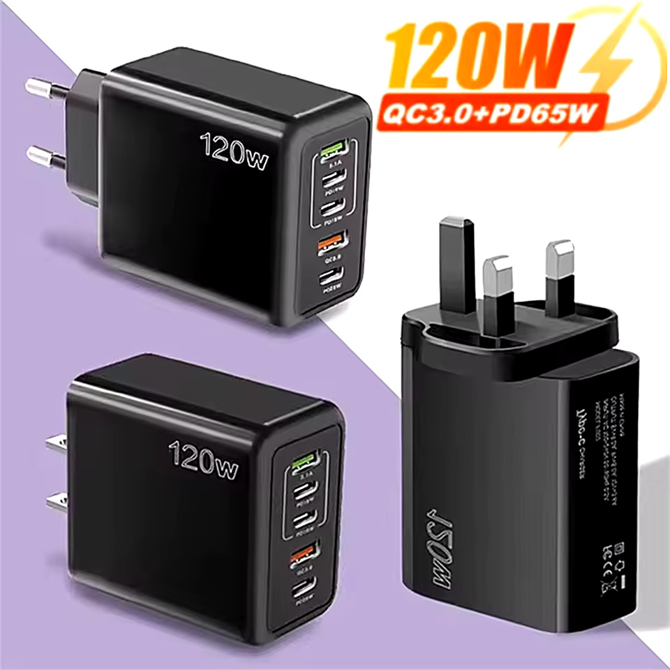 120W 5 Port USB Charger Type C QC 3.0 Fast Charging Mobile Phone Wall Adapter EU/US/UK Plug for iPhone 15 Samsung Xiaomi Huawei