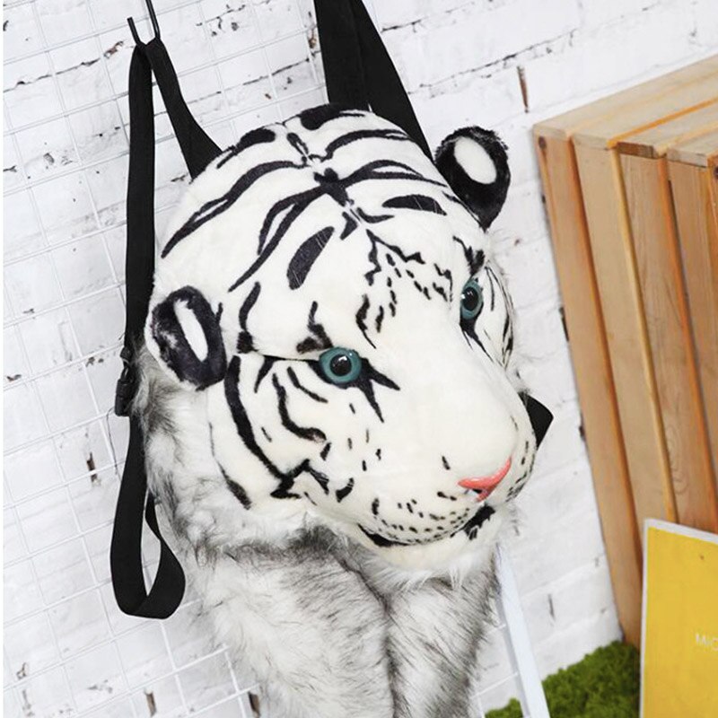 Brilljoy personlighet par djur ryggsäck plysch 3d tiger lejonhuvud ryggsäck panda ryggsäck unisex student rolig åkpåse 2019: Vit stor