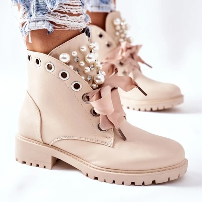 Bottines de moto antidérapantes avec perles en cristal pour femmes, chaussures d&#39;automne Punk à lacets, plateforme, grande taille,