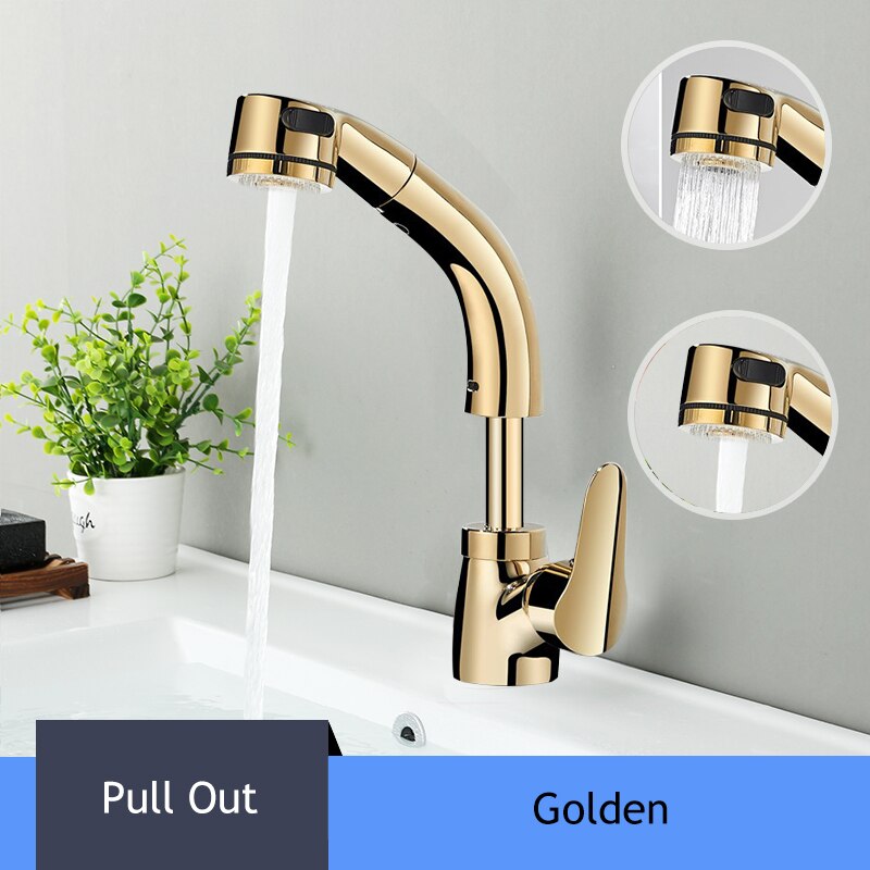 Deck Installation Basin Faucet And Cold Mixer Lifting Pull Out Bathroom Faucet Black Single Handle Basin Tap: Golden