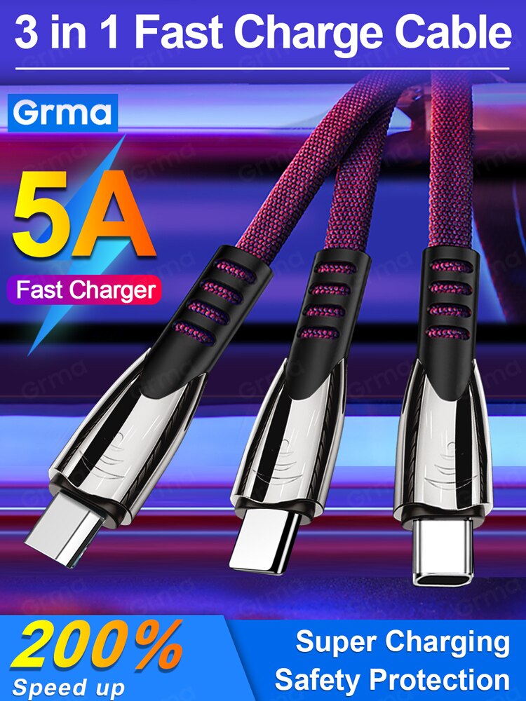 Grma 3 in 1 5A Charger USB Cable for iPhone Samsung Xiaomi Phone Aviation Alloy Head 3in1 Fast Charging Micro USB Type C Cable