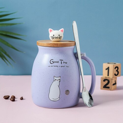 Color Cat Heat-Resistant Mug Cartoon with Lid Cup Kitten Coffee Milk Ceramic Mugs Children Cup Office Drinkware: Purple