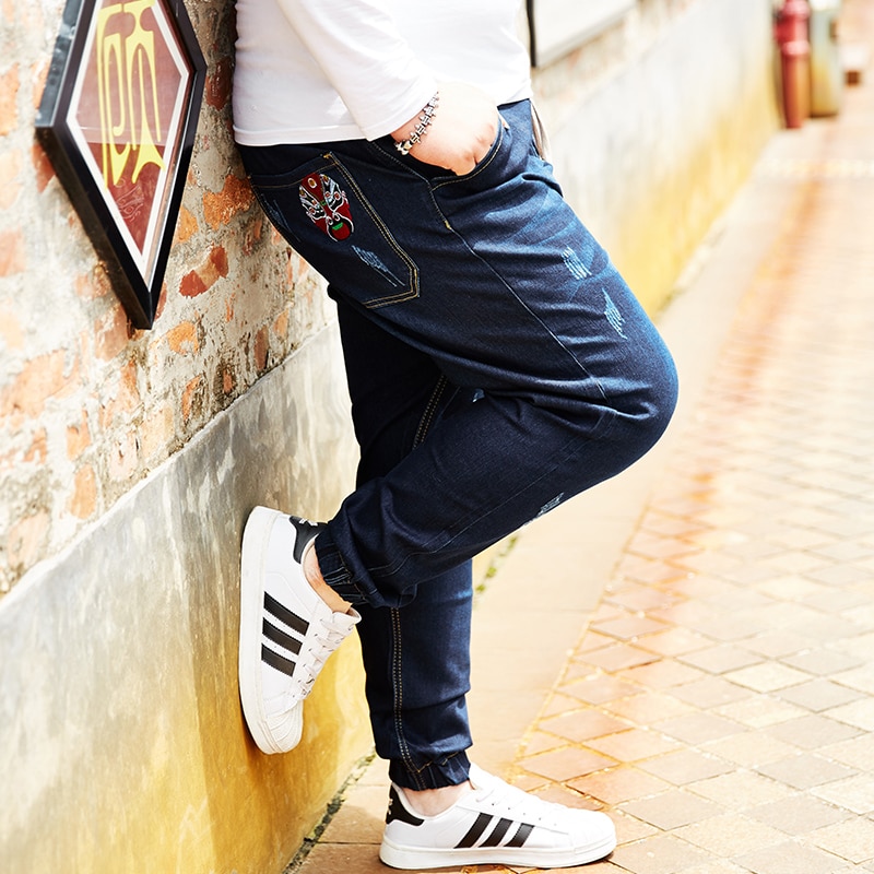 5XL 8XL Plus size Stretch Men&#39;s Jeans Trend Elastic waist Harem Pants Brand Blue Distressed Casual Denim Trousers