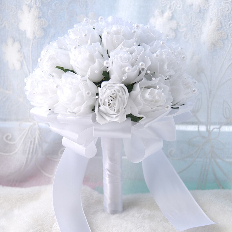 Bruiloft Bruidsboeket Holder Zijde Kunstmatige Rozen Roze Bruidsboeket voor Bruidsmeisjes Mariage Parel Decor Zijde Bloem Boeket: White