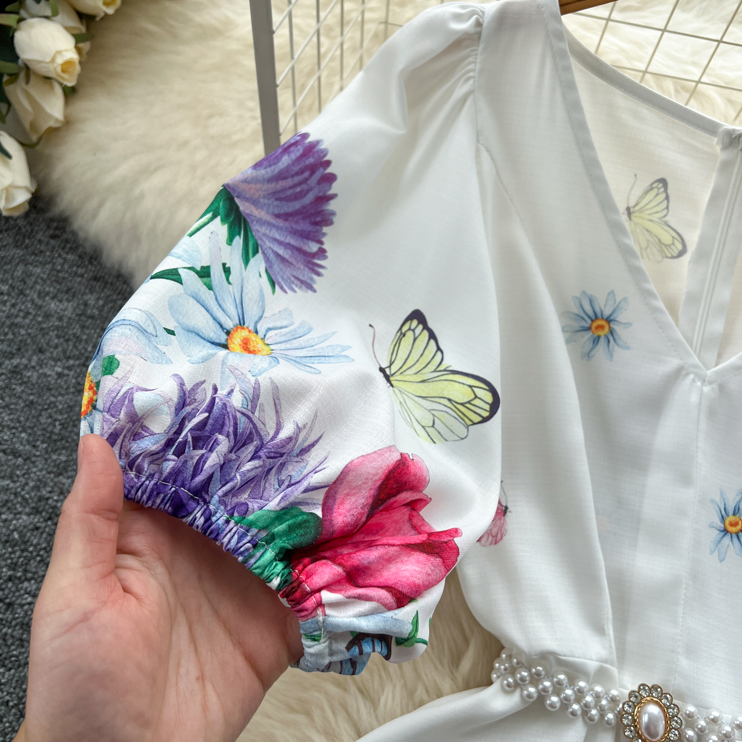 Blomsterprint lange kjoler kvinder sommer korte ærmer perlebælte blomster prinsesse festkjole midi kåbe