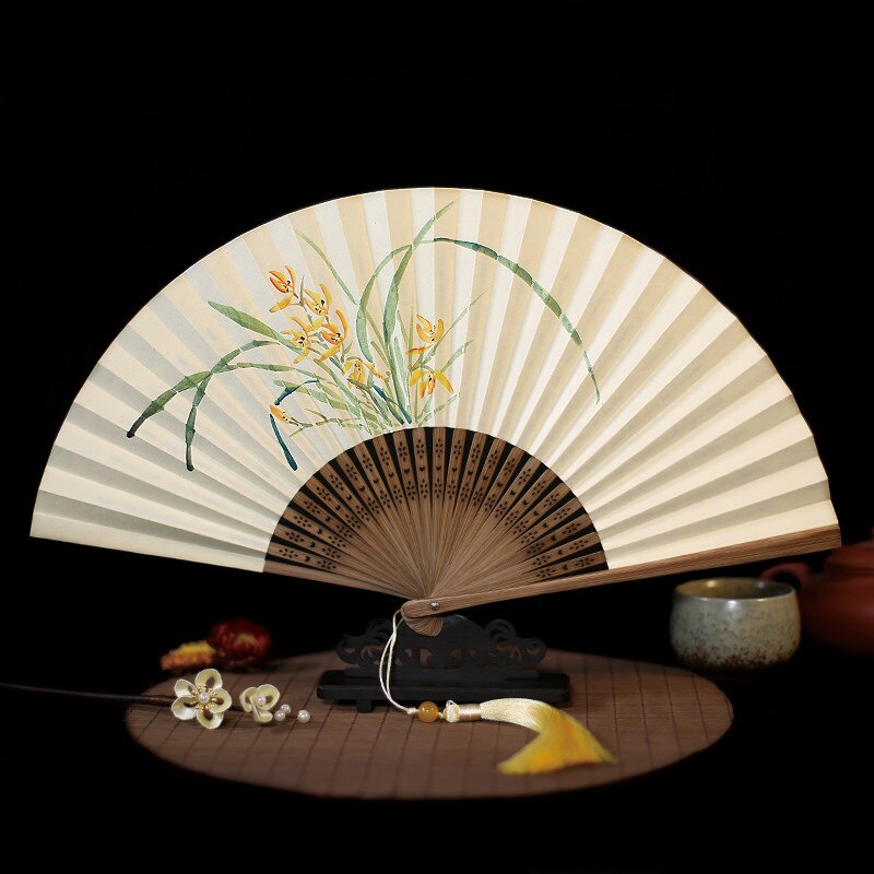 Japanese Style Hand Painted Paper Fan 21.5*41cm Ventilador Classical Fans Small Summer Portable Bamboo Xuan Paper Hand Fan: F