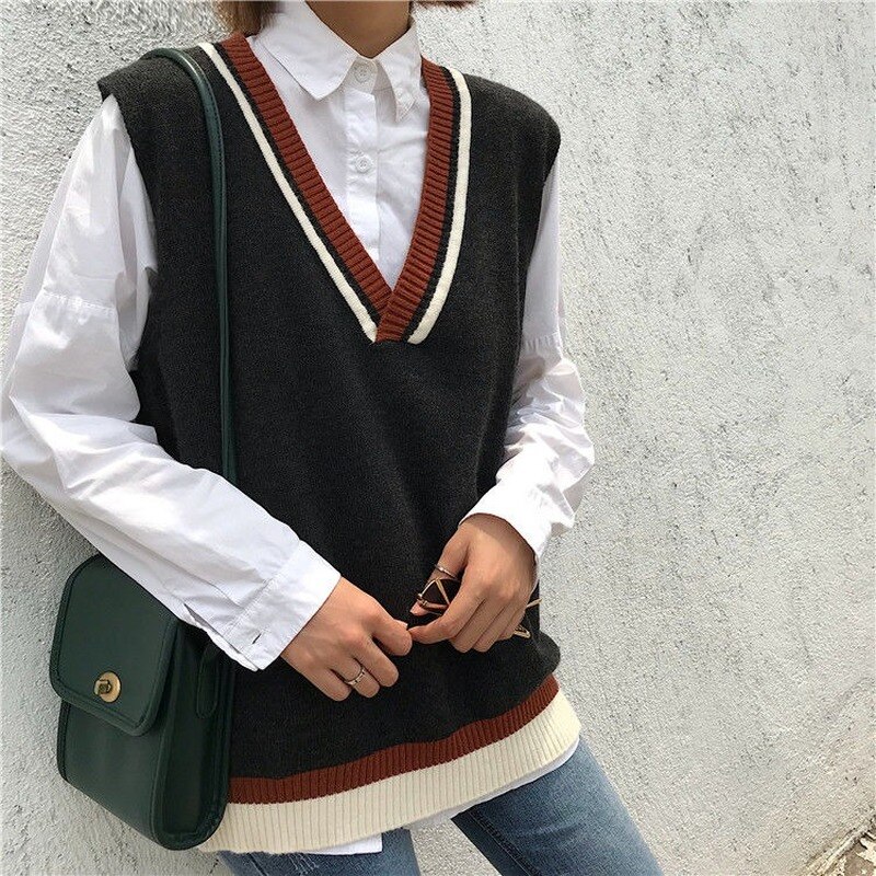 Sweter kamizelka kobiety dzianiny styl Preppy cały mecz ulica Harajuku elegancki zwykły swetry bez rękawów Femme luźne studenci stylowe