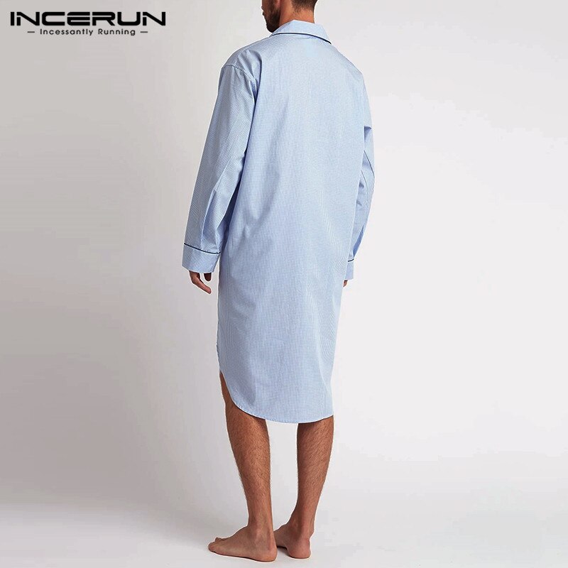 Incerun Mode Mannen Lange Mouw Slaap Gewaden Plaid Leisure Jurk Nachtjapon Nachtkleding Revers Comfortabele Heren Badjassen Homewear