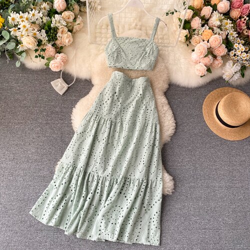 Sommer kvinner uthult todelt sett vintage ermeløse tank topper med slash neck + høyt midje langt skjørt dame hvit/grønn 2pc sett: Grønn / M