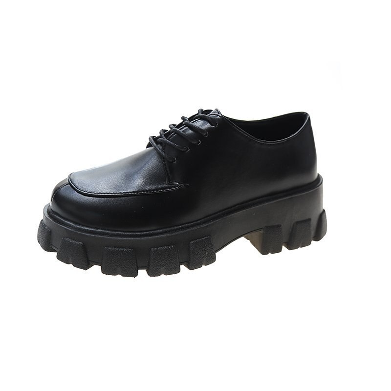 Zapatos Oxford de cuero negro liso para mujer, mocasines de plataforma de fondo grueso con cordones, informales, para otoño: Matt / 7.5