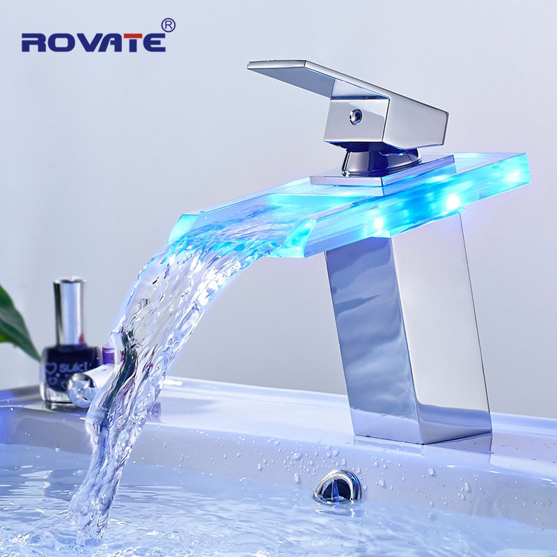 Grifo de lavabo LED, cascada de latón, cambio de colores de temperatura, grifo de Mezclador de Baño montado en cubierta, grifos de vidrio para lavabo: 102