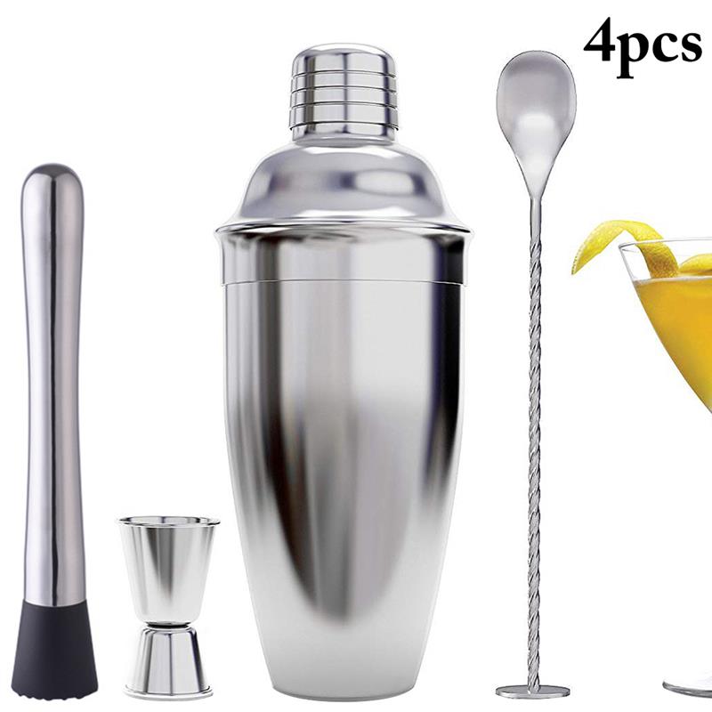 Kit de Bar en acier inoxydable | Ensemble de secoueurs à Cocktail 700ML jeu d'outils de Bar avec cuillère à mélanger Muddler 4 pièces: Default Title