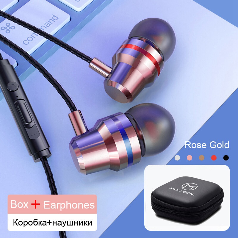 MOOJECAL In Ear Wired 3.5mm Earphone Earbuds Music Headphone for Xiaomi Samsung Iphone Smartphone with Microphone Wired Headset: Rose Gold with Box