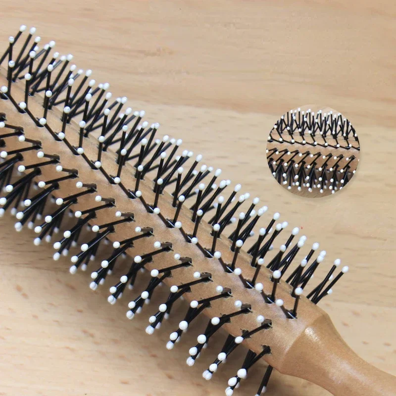Mini cepillo redondo de nailon para hombres, peine para peinar el cabello rizado, peine rodante, cepillo redondo para cabello fino o corto con mango de madera