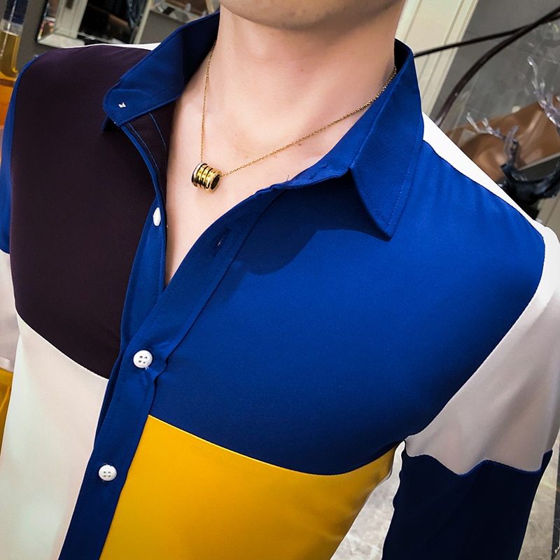 Camisa de botao herreskjorte slim fit langermede skjorter nattklubb party streetwear sosial skjorte chemise homme
