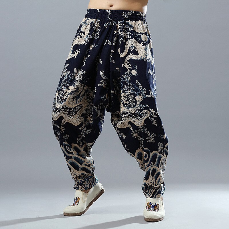 Nepal de la India hombres personalidad Dargon estampado Cruz-Pantalones sueltos Fit Hip Hop Casual algodón Lino Floral Harem pantalones para hombres: M
