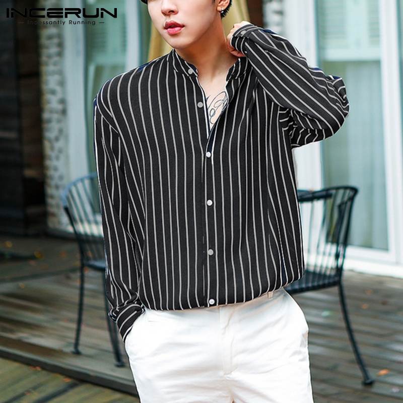 Men Striped Shirt Stand Collar Long Sleeve Casual Camisa Masculina Streetwear Button Loose Leisure Tops S-5XL INCERUN