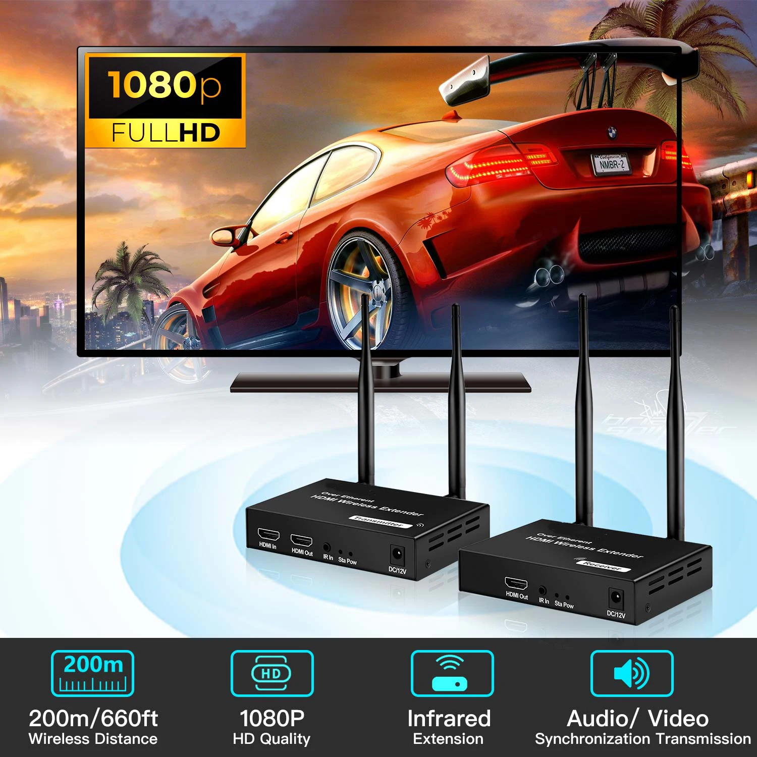Draadloze hdmi-zender/ontvanger extender 1 tx-4 rx 200m 5.8 ghz 1080p audio-video extender kit met ir hdmi-doorlus voor tv