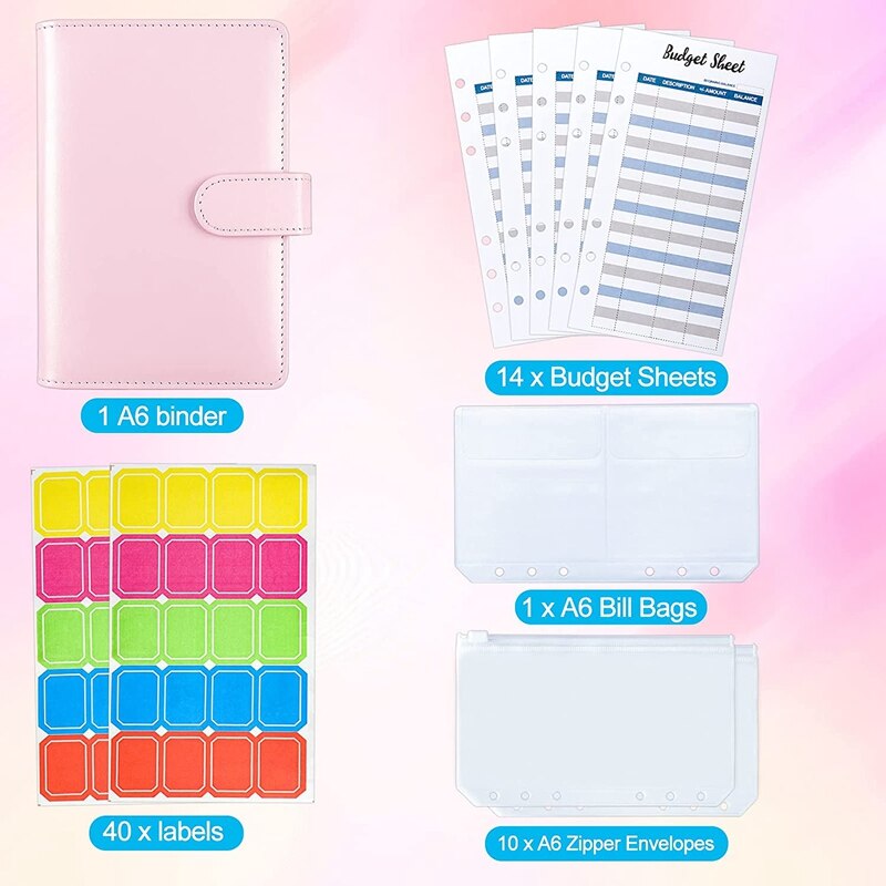 A6 PU Leather Binder Cover with Binder Pockets, Expense Budget Sheets and Labels for Budget Organizer Envelopes
